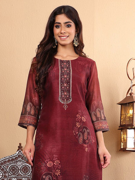 Dhiyona VA Women'sFloral Printed Sequinned Chanderi Silk Straight Kurta with Trousers & Dupatta