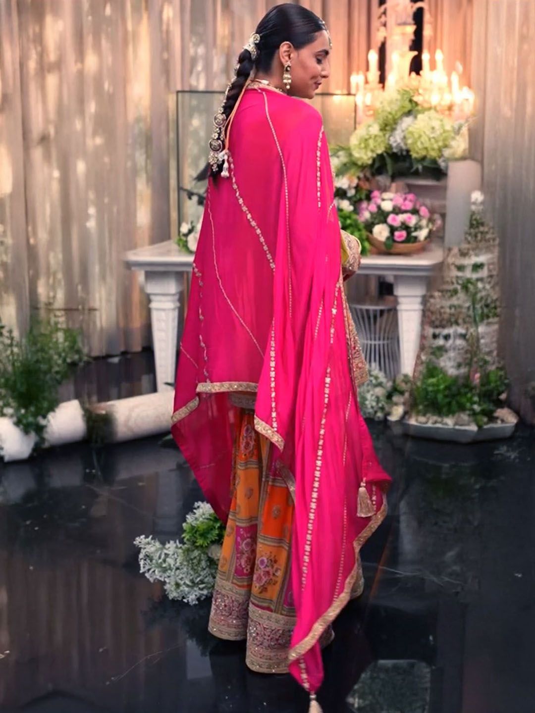 Dhiyona IE Floral Embroidered Sequinned Chinon Straight Kurta With Palazzos & Dupatta