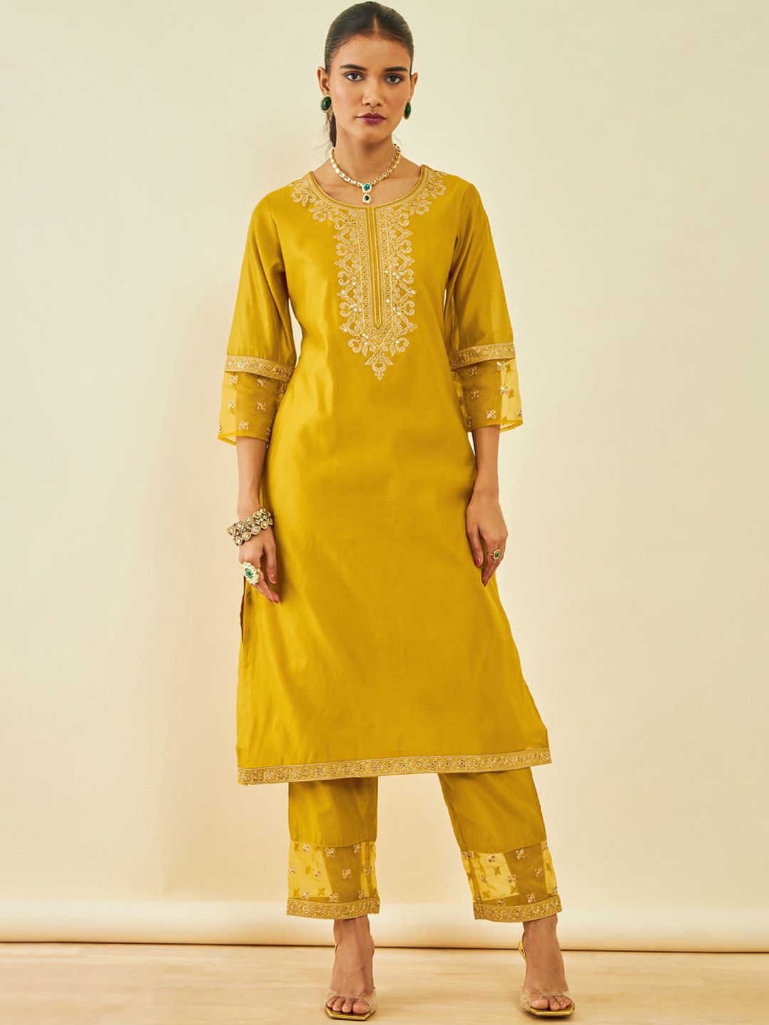 Dhiyona SO Women's Ethnic Motifs Embroidered Regular Sequinned Straight Kurta With Trousers & Dupatta