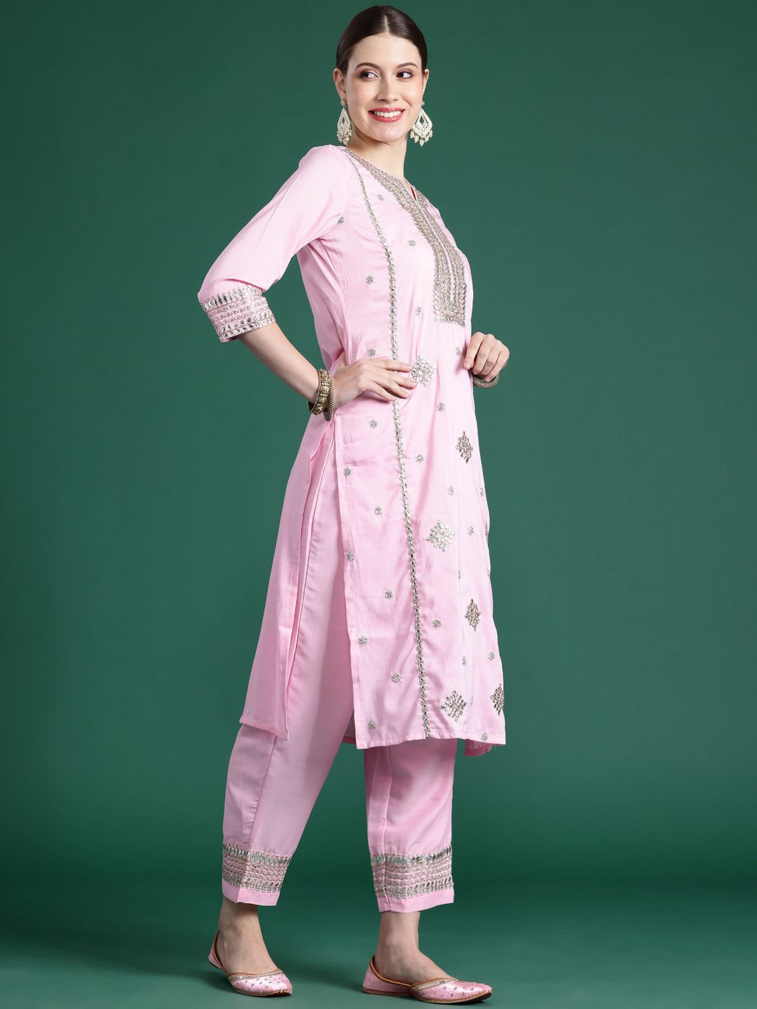 Dhiyona IE Ethnic Motifs Embroidered Panelled Gotta Patti Kurta With Trousers & Dupatta