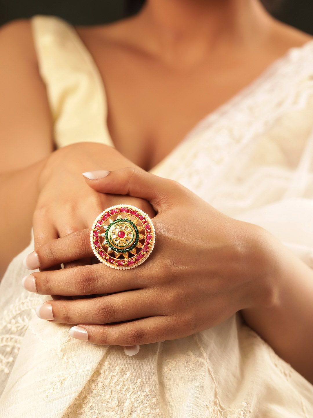 Dhiyona RJ Women's 18K Gold-Plated Ruby Red Kundan-Studded & White Pearl Beaded Handcrafted Ring