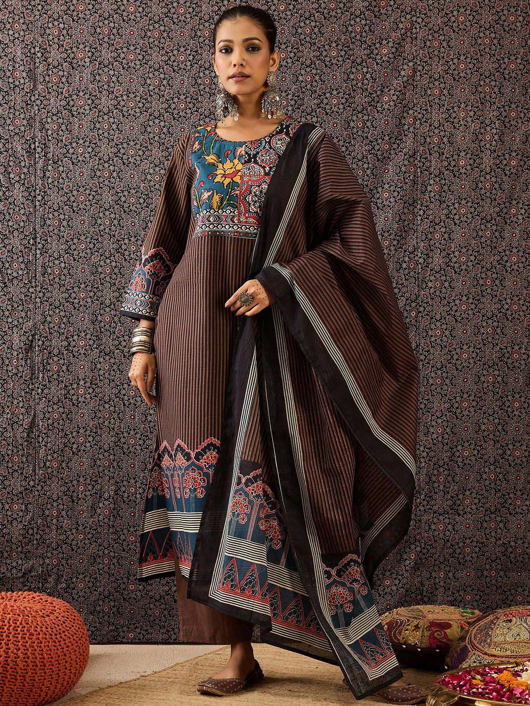 Women Ethnic Motifs Printed Regular Sequinned Pure Cotton Kurta with Trousers & With Dupatta