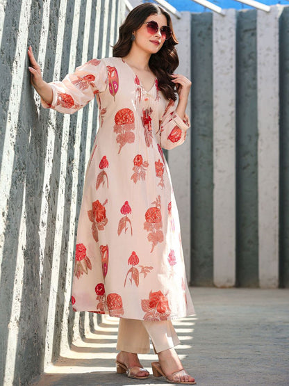 Floral Printed V-Neck Pure Cotton Kurta With Trousers