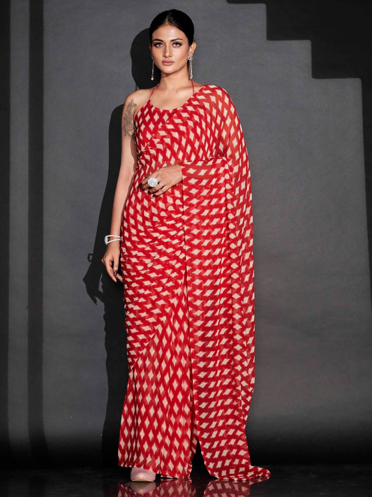 Dhiyona TI Women's Ready To Wear Red Geometric Printed Saree with Unstitched Blouse