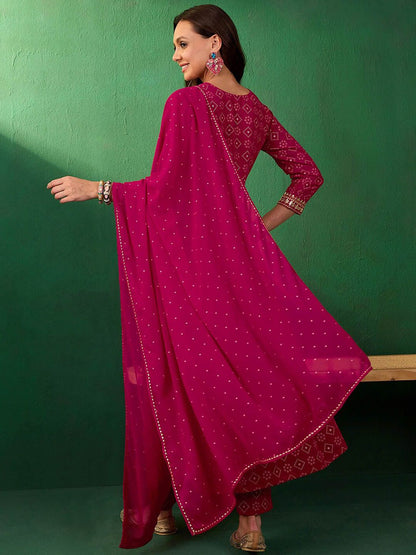Dhiyona SN Women's Embroidered Bandhani Printed V-Neck Anarkali Kurta With Trousers & Dupatta