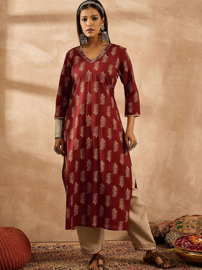 Dhiyona IE Floral Printed V-Neck Pure Cotton Thread Work Straight Kurta