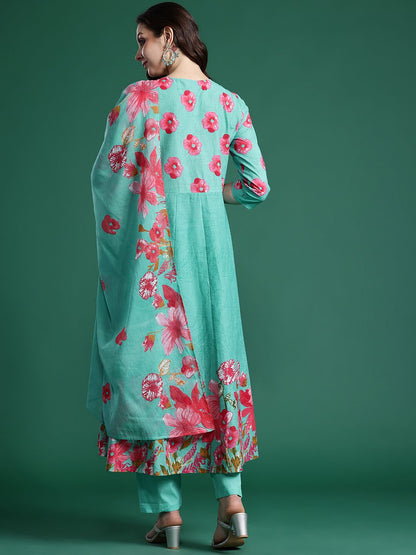 Floral Printed Pure Cotton Kurta with Trousers & Dupatta