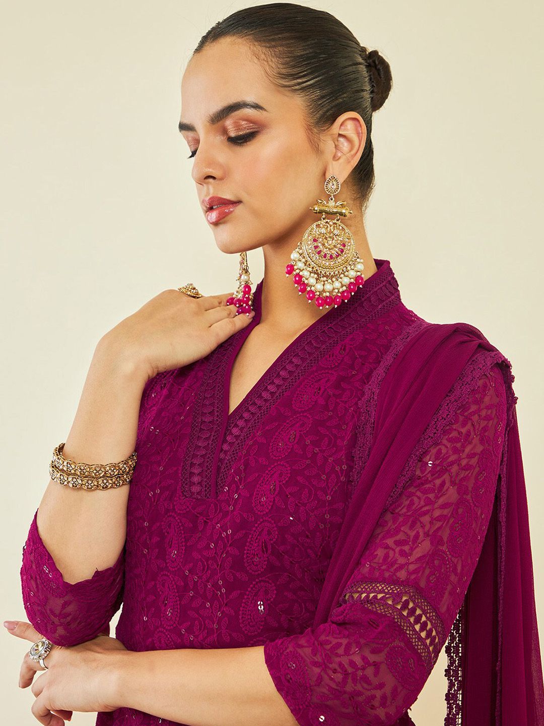 Dhiyona SO Women's Paisley Embroidered Sequinned Kurta With Trousers & Dupatta