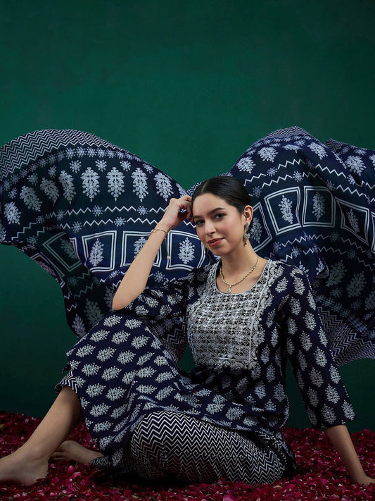 Dhiyona IE Ethnic Motifs Printed Thread Work Straight Kurta With Trousers & Dupatta