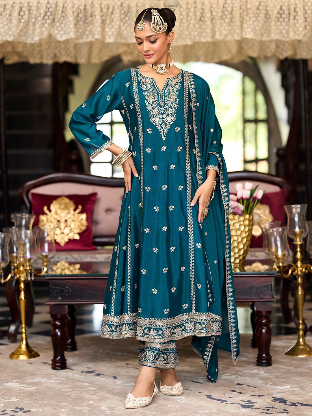 Women Ethnic Motifs Embroidered Regular Sequinned Kurta with Trousers & With Dupatta