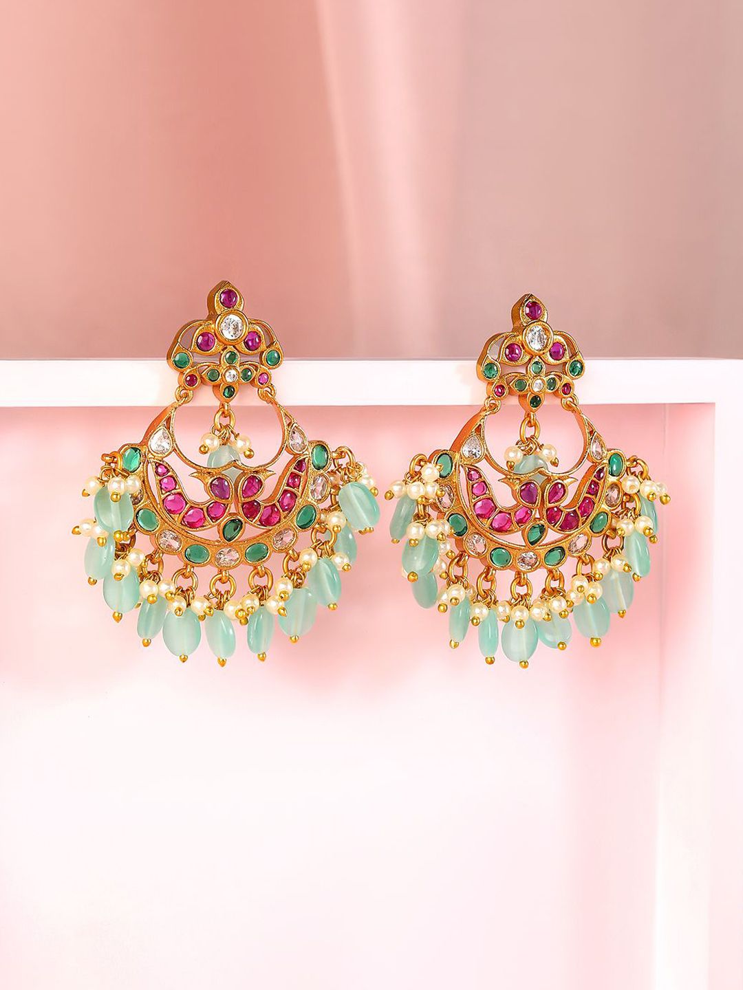 Dhiyona RJ Women's 22K Gold-Plated Ruby & Emerald Stone Studded Mint Green Beaded Chandbali Earrings