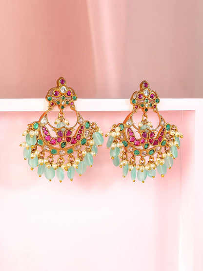 Dhiyona RJ Women's 22K Gold-Plated Ruby & Emerald Stone Studded Mint Green Beaded Chandbali Earrings