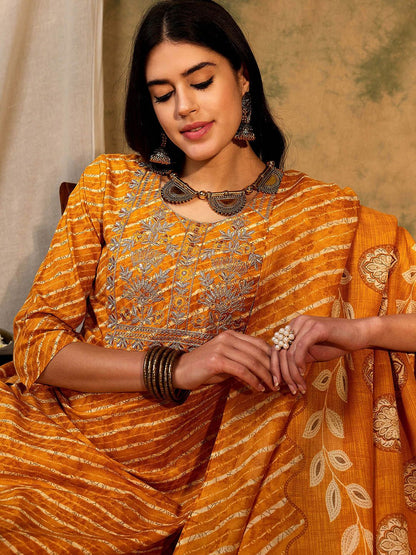 Dhiyona IE Leheriya Printed Regular Pure Cotton Kurta With Trousers & Dupatta