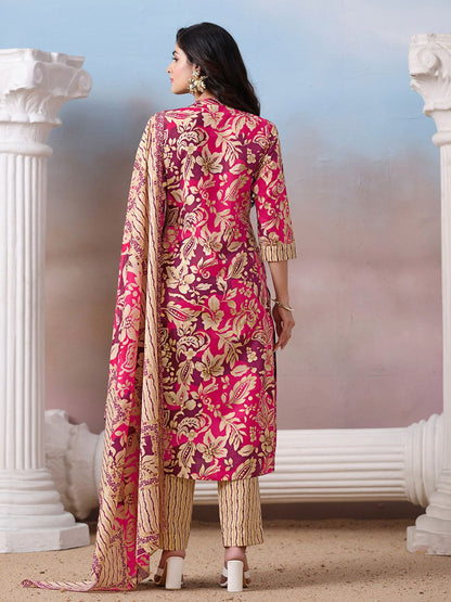 Dhiyona VA Women's Floral Printed Regular Mirror Work Kurta with Trousers & With Dupatta