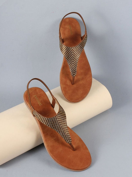 Dhiyona AK Gold-Toned Embellished Open Toe Flats