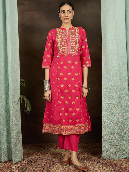 Dhiyona IE Women Ethnic Motifs Printed Thread Work Pure Cotton Kurta Trousers