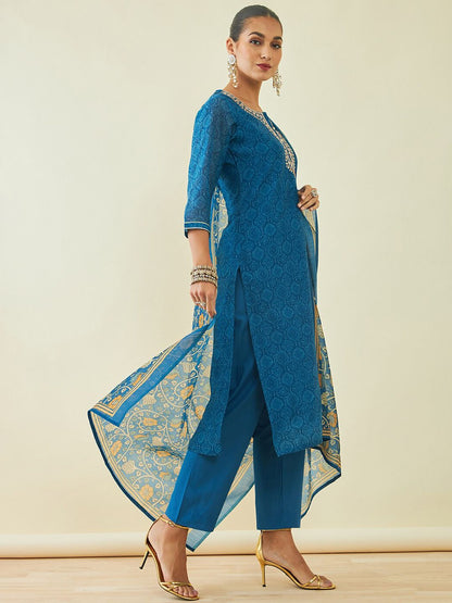 Dhiyona SO Women's Ethnic Motifs Printed Gotta Patti Chanderi Silk Kurta with Trousers & With Dupatta