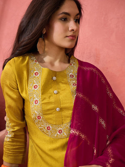 Dhiyona SN Women's Yellow Zari Embroidered Straight Kurta With Trouser And Dupatta