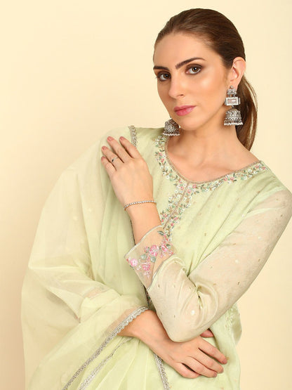 Dhiyona SO Women's Green Floral Embroidered Straight Kurta with Trousers & Dupatta