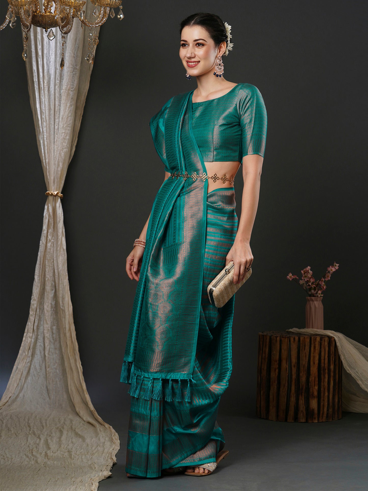 Women's Silk Blend Teal blue Woven Design Designer Saree With Blouse Piece