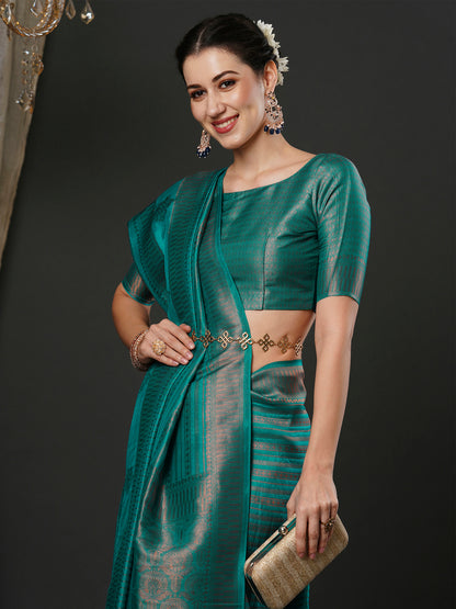 Women's Silk Blend Teal blue Woven Design Designer Saree With Blouse Piece