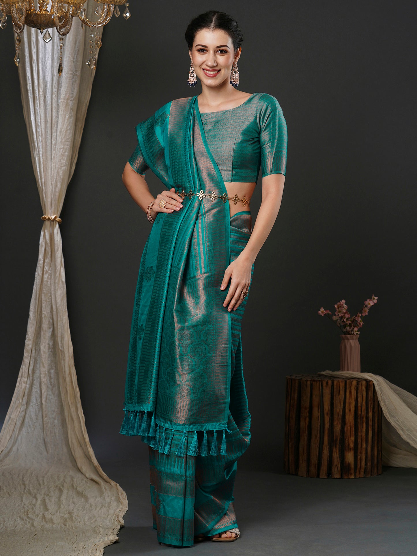Women's Silk Blend Teal blue Woven Design Designer Saree With Blouse Piece