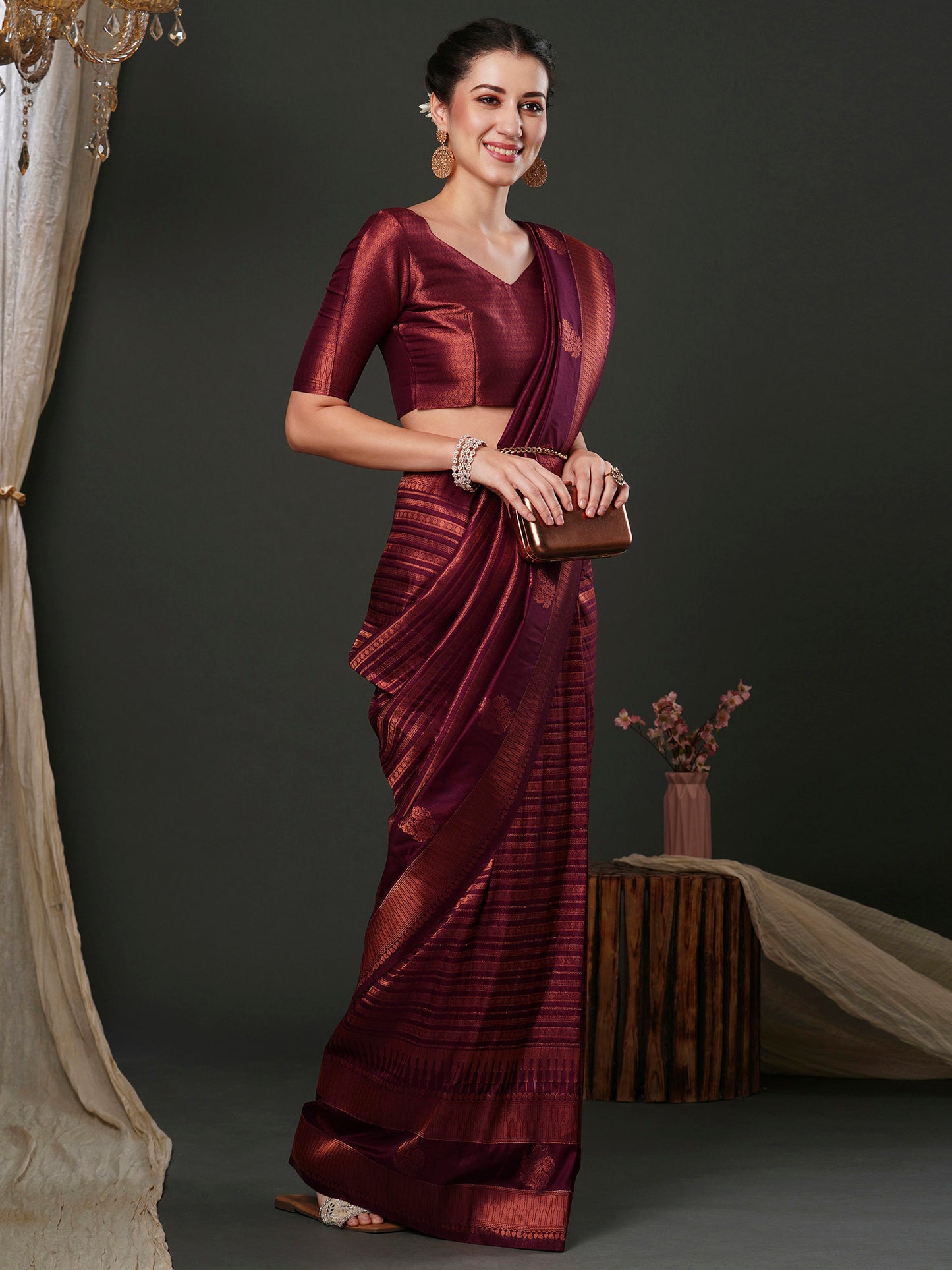 Women's Silk Blend Purple Woven Design Designer Saree With Blouse Piece