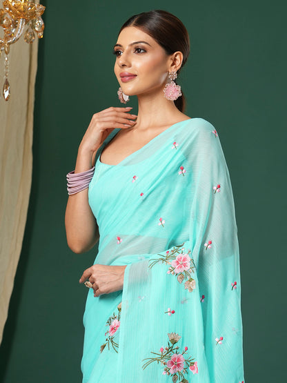 Women's Chiffon Light Blue Embroidered Designer Saree With Blouse Piece