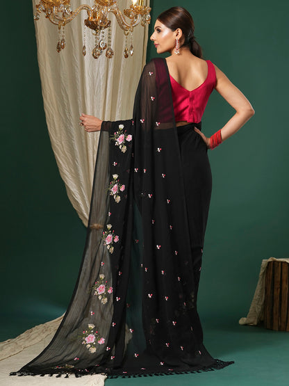 Women's Chiffon Pink Embroidered Designer Saree With Blouse Piece