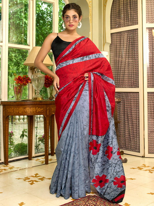 Women's Bhagalpuri Silk Black Printed Designer Saree With Blouse Piece