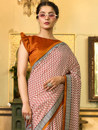 Women's Bhagalpuri Silk Camel Brown Printed Designer Saree With Blouse Piece