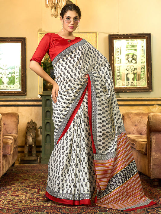Women's Bhagalpuri Silk Red Printed Designer Saree With Blouse Piece