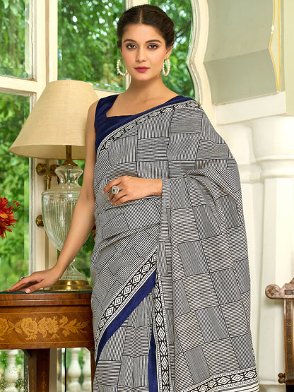 Women's Bhagalpuri Silk Navy Blue Printed Designer Saree With Blouse Piece