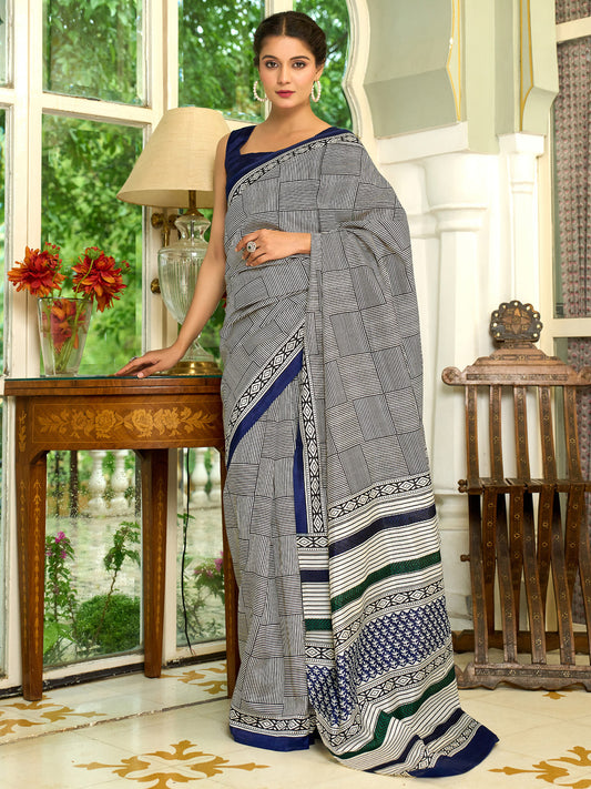 Women's Bhagalpuri Silk Navy Blue Printed Designer Saree With Blouse Piece