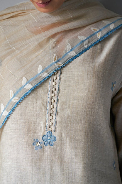 Women's Beige Woven Viscose Chanderi Kurta Suit Set With Delicate Hand Work Detailing