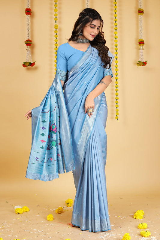 Dhiyona GR Women's Mastani Sky Blue Zari Paithani Silk Saree
