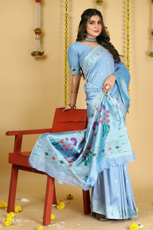Dhiyona GR Women's Mastani 2 Sky Blue Zari Paithani Silk Saree