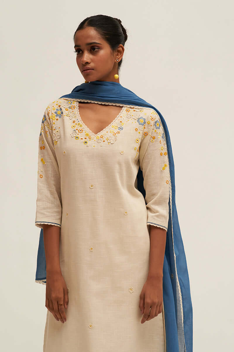 Women's Cream and Blue Cotton Linen Embroidered Salwar Suit