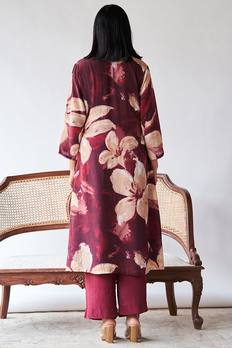 Women's Maroon and Beige Bemberg Silk Printed Co-ord Set