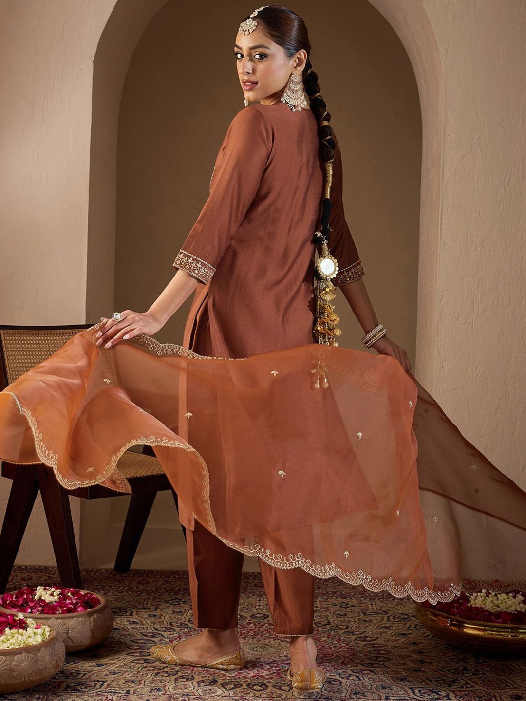Dhiyona IE Women Ethnic Motifs Embroidered Regular Liva Kurta with Trousers & With Dupatta