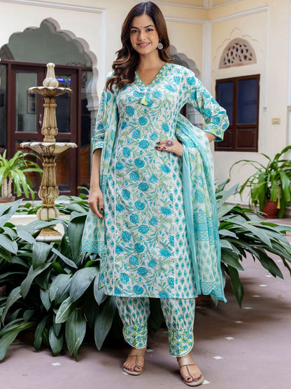 Dhiyona IE Women Floral Printed V-Neck Pure Cotton Kurta With Salwar & Dupatta