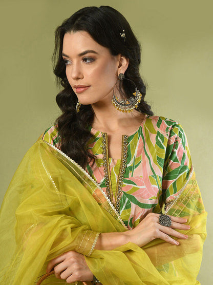 Dhiyona SN Women's Floral Printed Cotton Straight Kurta With Trousers & Duppatta