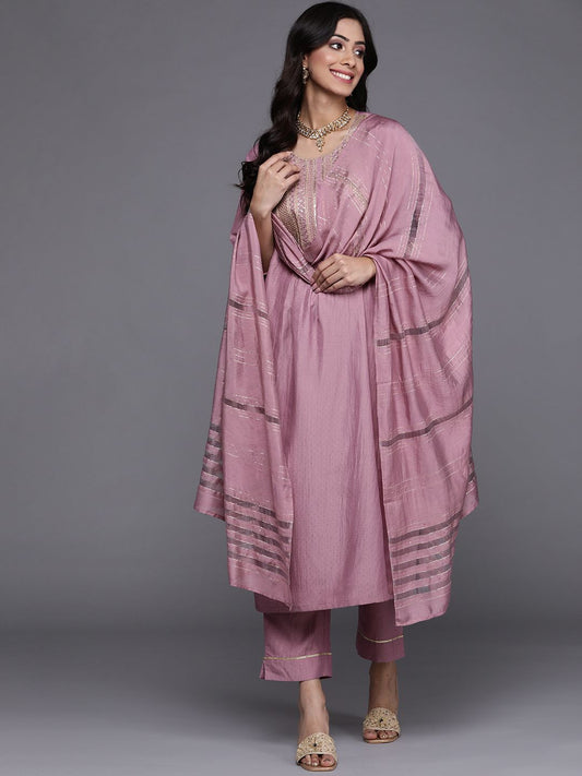 Dhiyona VA Women's Mauve Ethnic Motifs Embroidered Kurta with Trousers & Dupatta