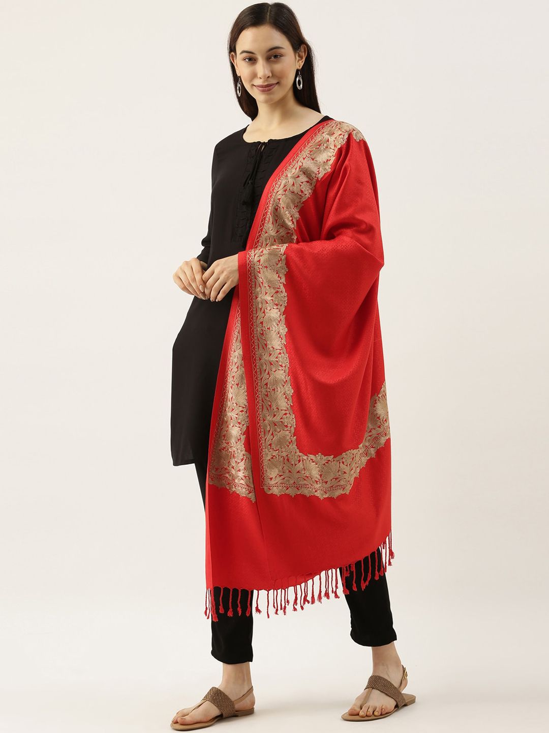 Dhiyona PA Women Red Aari Embroidered Shawl