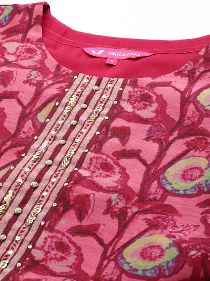 Dhiyona VA Women'sMaroon Floral Printed Beads and Stones Straight Kurta with Trousers & Dupatta