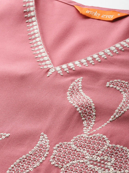 Dhiyona IE Floral Embroidered Sequinned Pure Cotton Kurta with Trousers