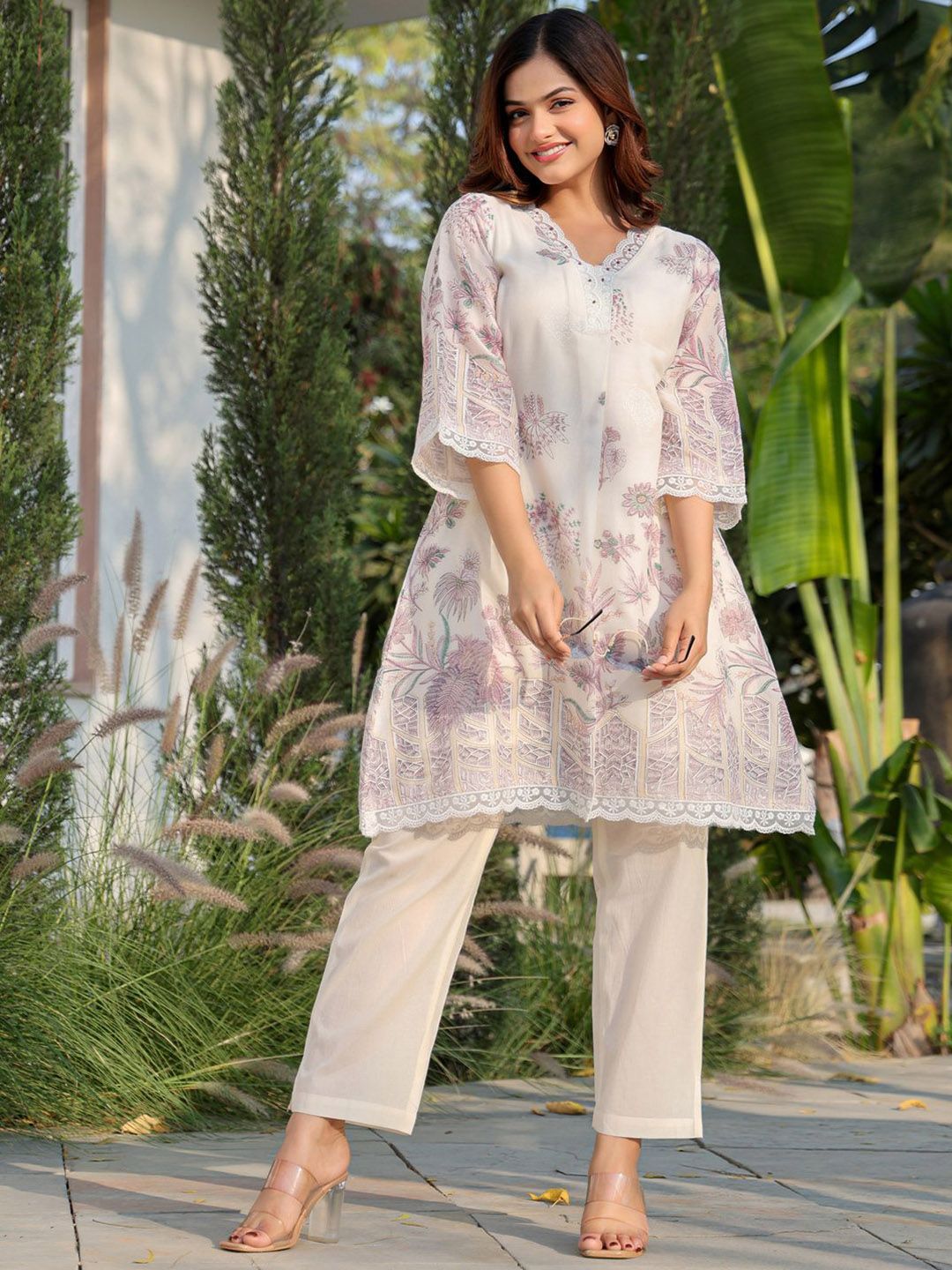 Floral Printed V Neck A Line Pure Cotton Kurta With Trousers