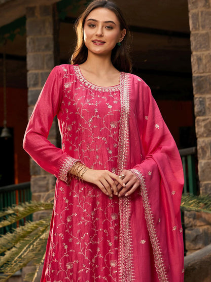 Dhiyona IE Floral Embroidered Regular Thread Work Straight Kurta with Trousers & Dupatta