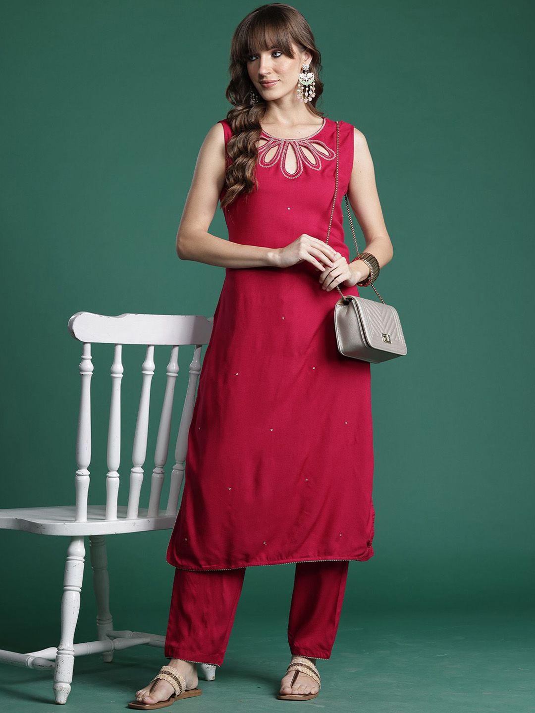 Dhiyona IE Self Designed Round Neck Straight Top With Trousers Co-Ords