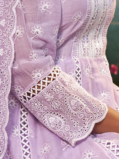 Floral Embroidered Pure Cotton Anarkali Kurta With Trousers & Dupatta